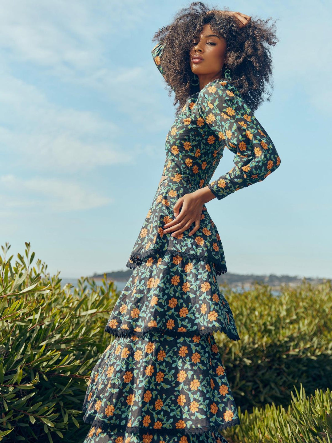 Brenda Tiered Skirt - Faded Black/Bright Clementine & Moss Floral