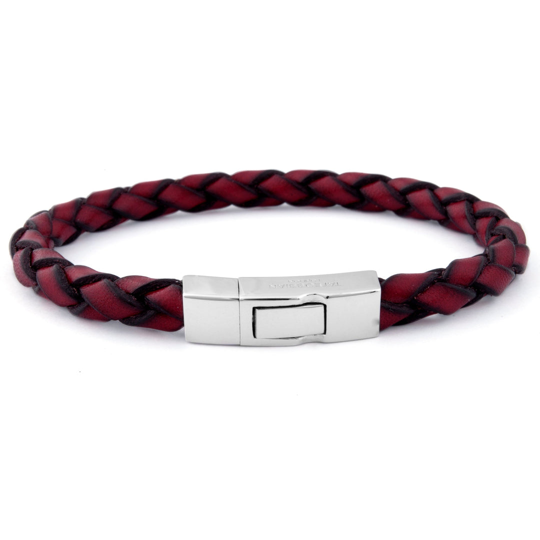 Single Wrap Scoubidou Leather Bracelet With Silver Clasp - Red