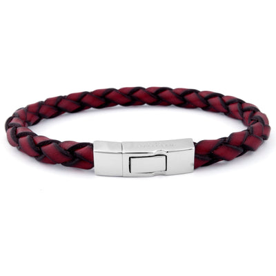 Single Wrap Scoubidou Leather Bracelet With Silver Clasp - Red