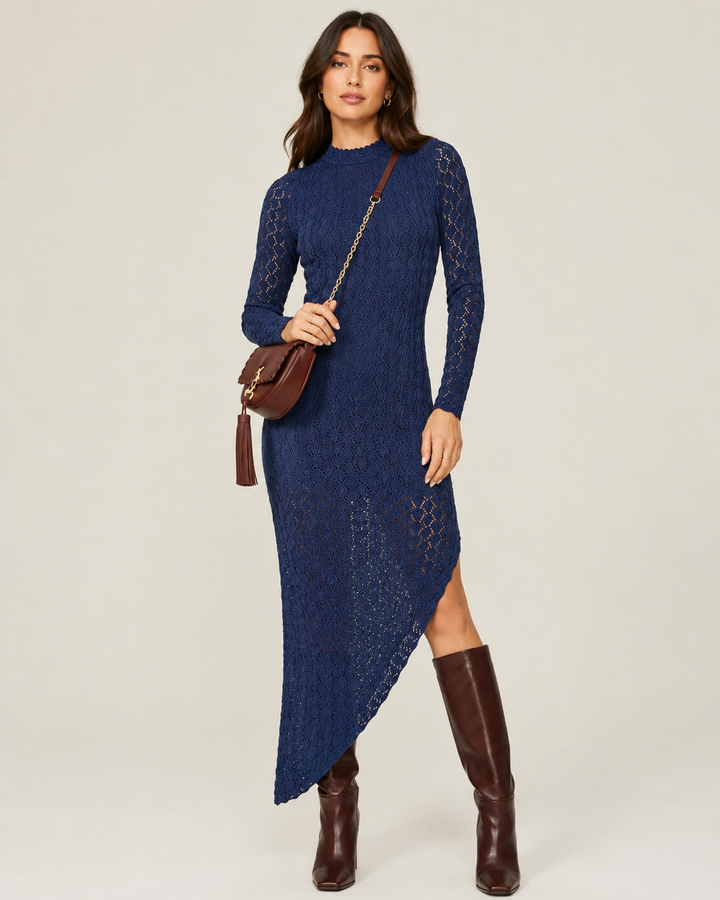 Mock Neck Asymmetrical Dress - Navy