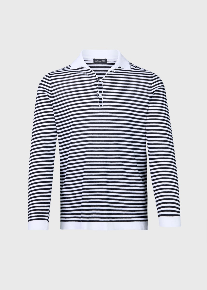Linen & Cotton Long Sleeve Stripe Polo - Black/White