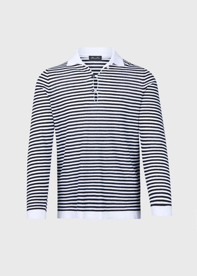 Linen & Cotton Long Sleeve Stripe Polo - Black/White