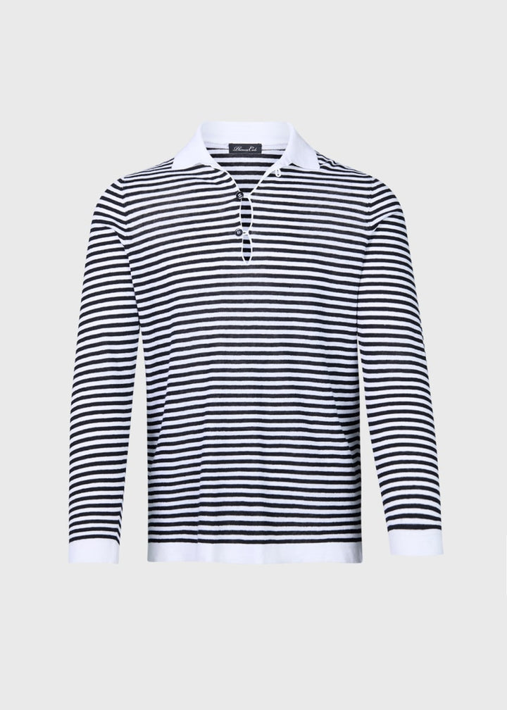 Linen & Cotton Long Sleeve Stripe Polo - Black/White