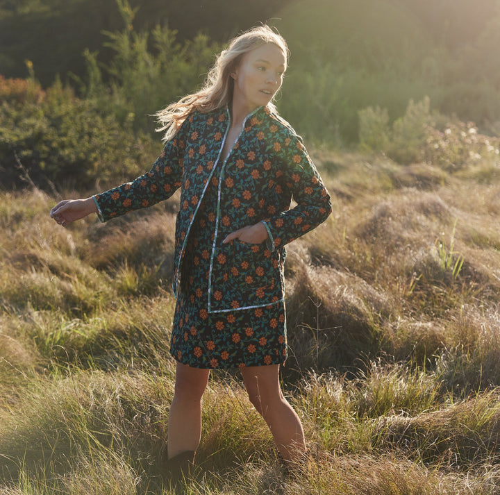 Nancy Reversible Quilted Jacket - Fern/Ivory Floral & Faded Black/Bright Clementine/Moss Floral Prints