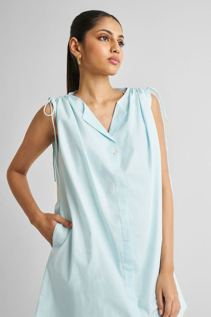 Shirt Dress With Shoulder Tie Details - Summer Blue