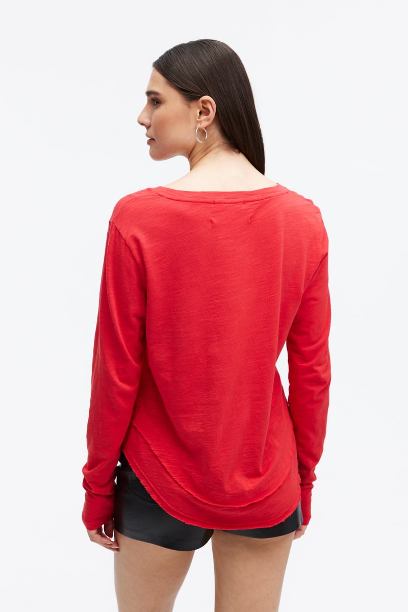 Ava V-Neck Mock Layer Long Sleeve T-Shirt - Cherry