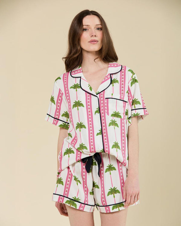 Tropical Palm Pajama Shorts Set - Pink Green