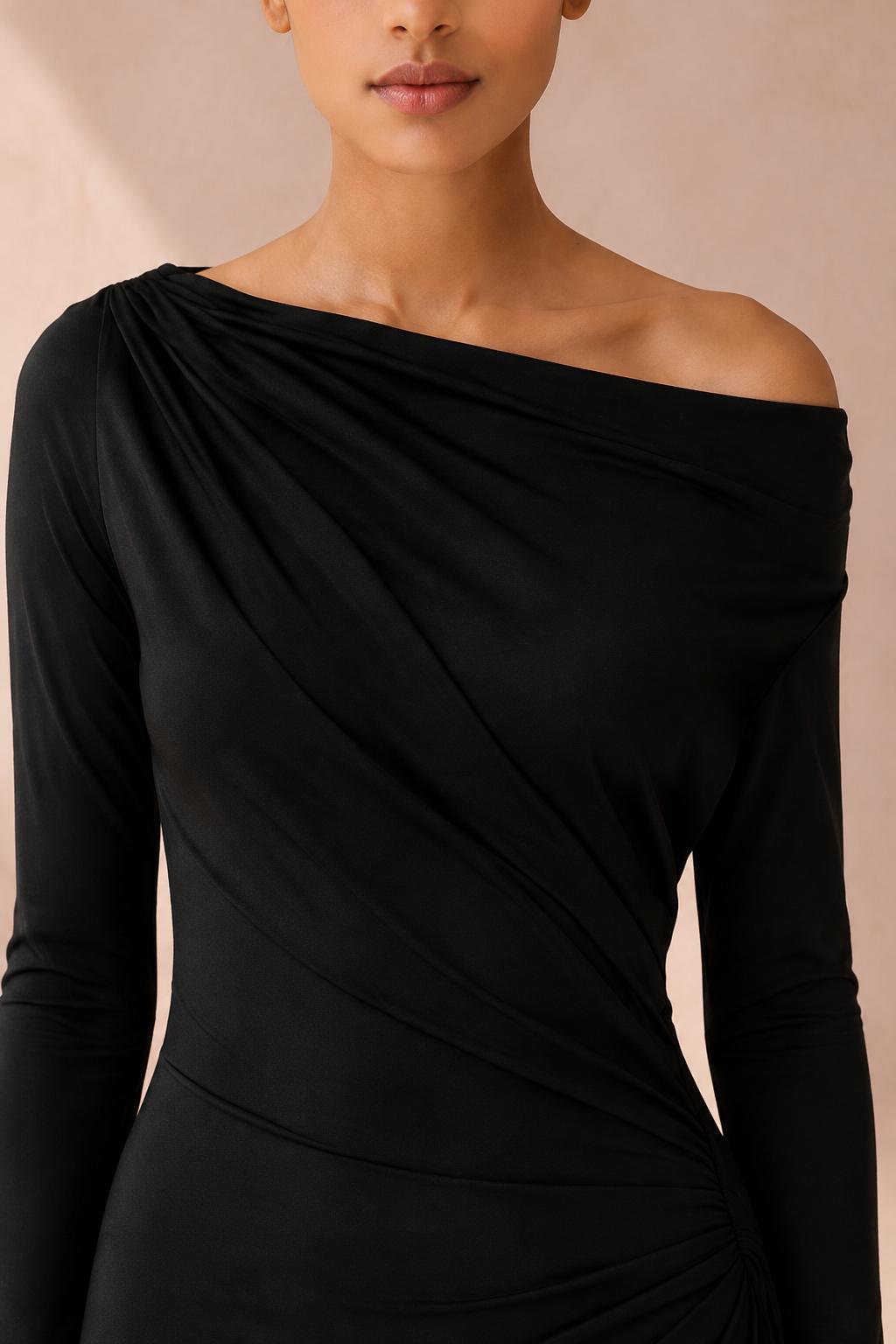 Off-Shoulder Draped Satin Gown - Black