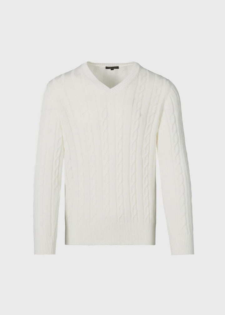 Phineas Cole Cotton Cable V-Neck Pullover - White