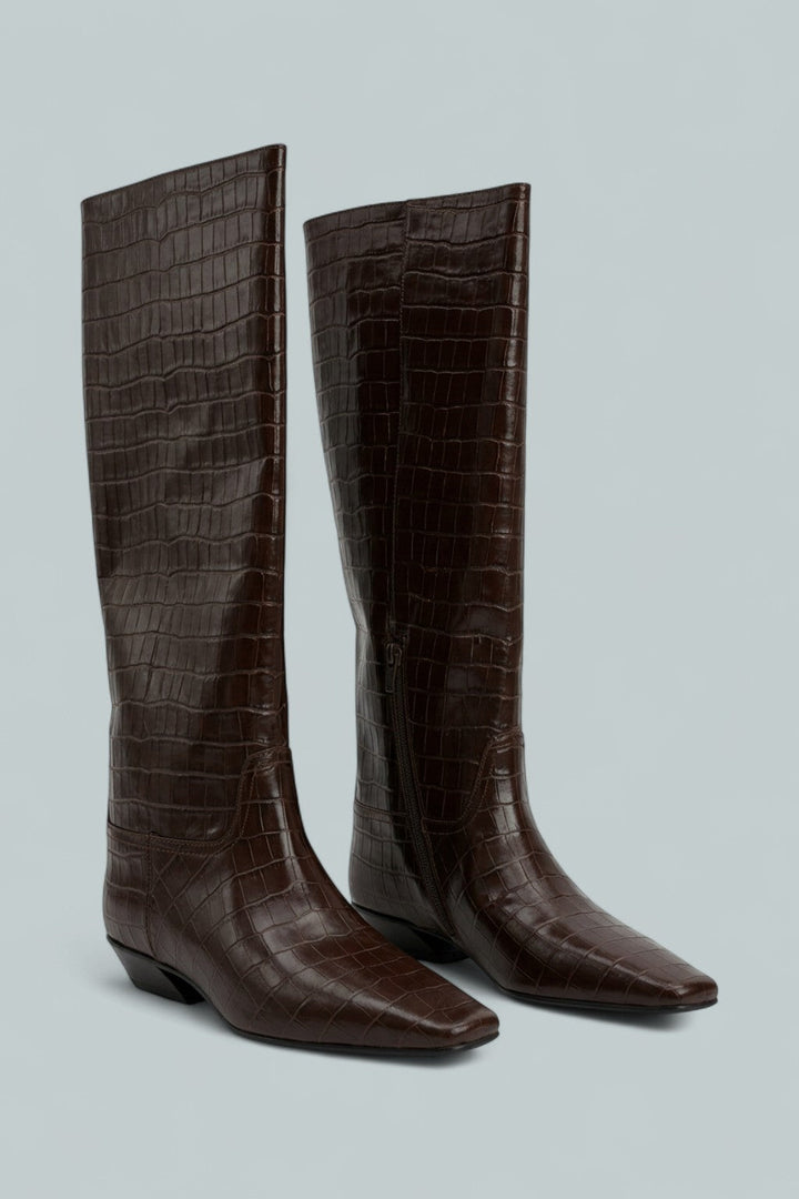 Passo Knee High Boots - Brown Crocodile