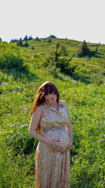 CLARA QD51 Sleeveless Printed Maxi Maternity Dress - Sand Fine Lines