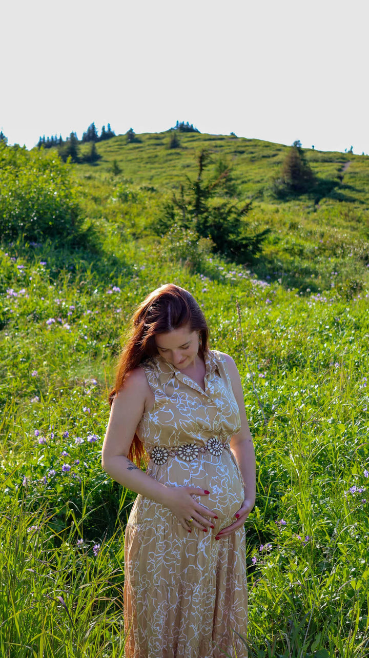 CLARA QD51 Sleeveless Printed Maxi Maternity Dress - Sand Fine Lines