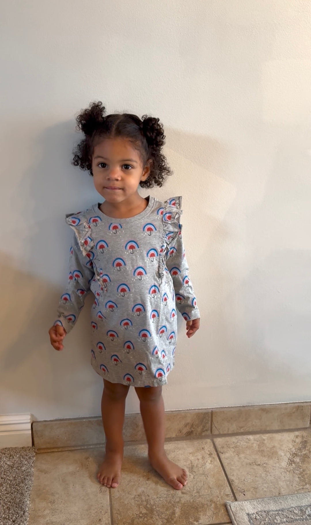 Ruffle Sleeve A-Line Dress - Rainbow Umbrella