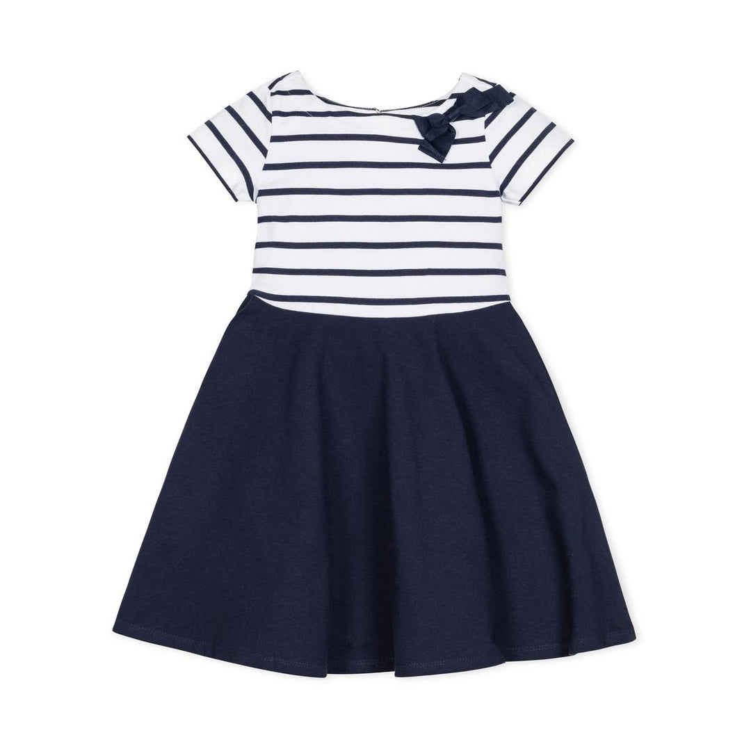 Baby Short Sleeve Organic Knit Skater Dress - White and Navy Stripe