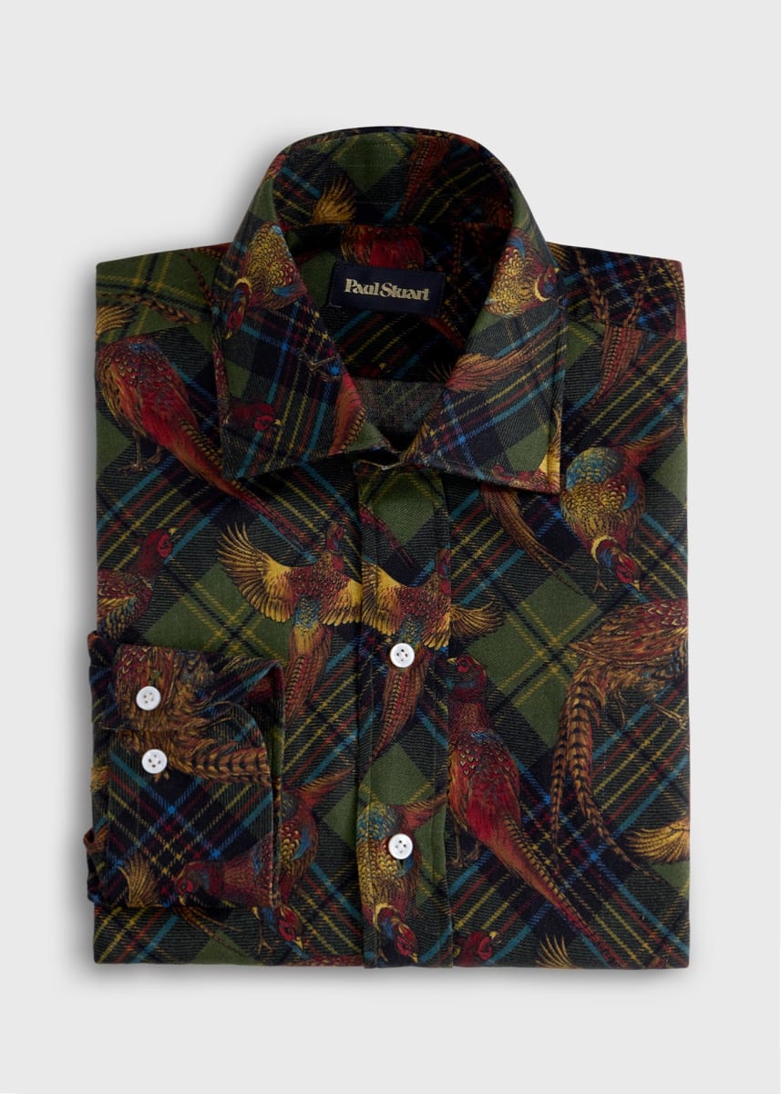 Wool & Silk Printed Sport Shirt - Olive - Collared Shirt