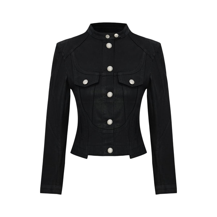Pure Cotton Shiny Coated Women Denim Jacket - Black