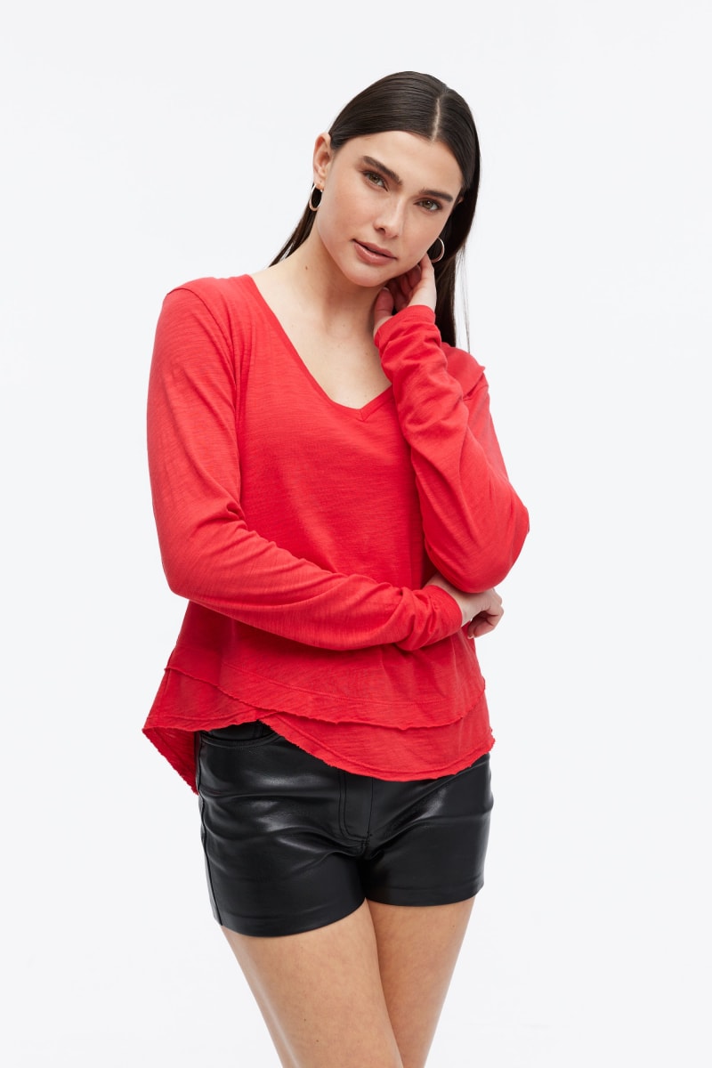 Ava V-Neck Mock Layer Long Sleeve T-Shirt - Cherry
