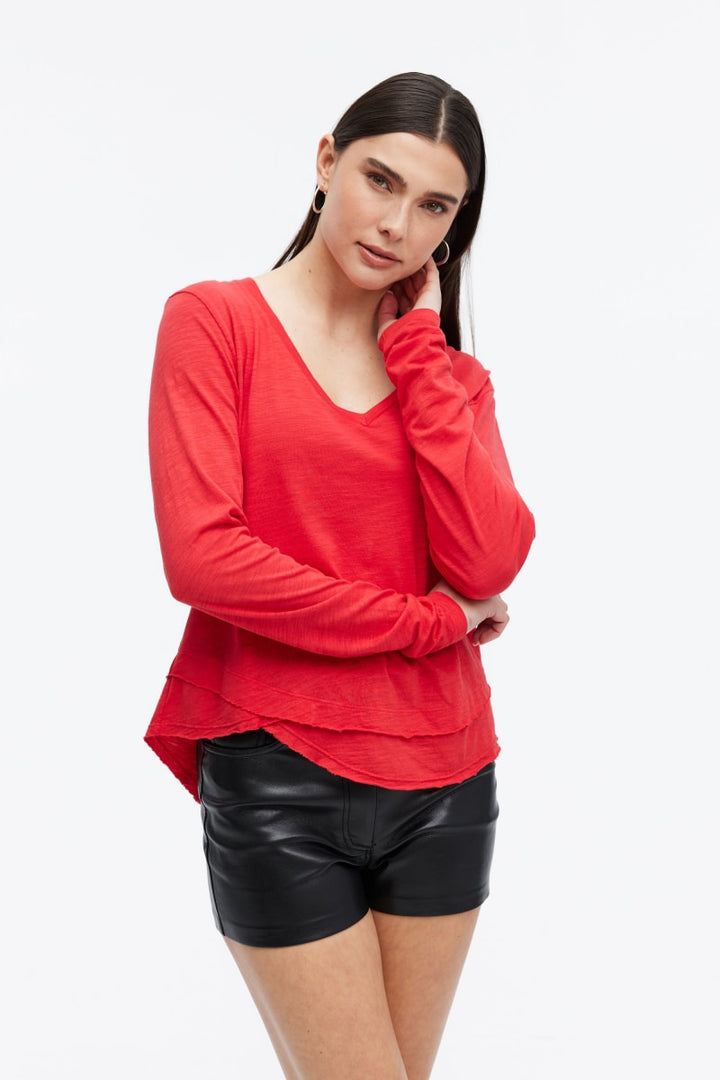 Ava V-Neck Mock Layer Long Sleeve T-Shirt - Cherry