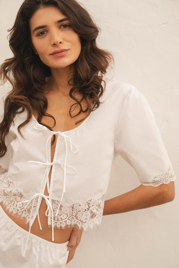Soleil Lace Trim Tie Front Cotton Top