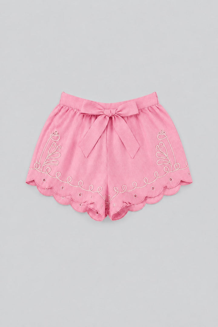 Embroidered Tie Waist Shorts - Pink Combo