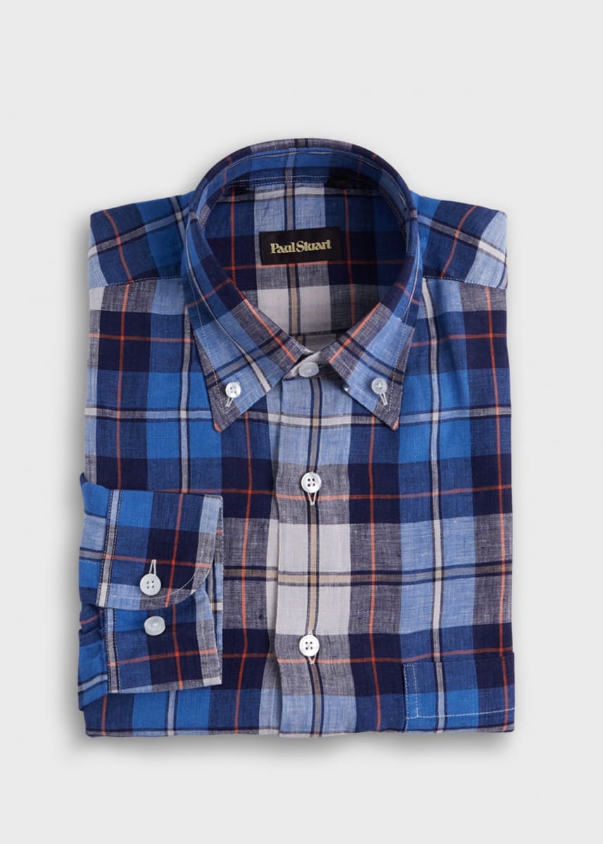 Linen Plaid Sport Shirt - Blue/Red - Collared Shirt