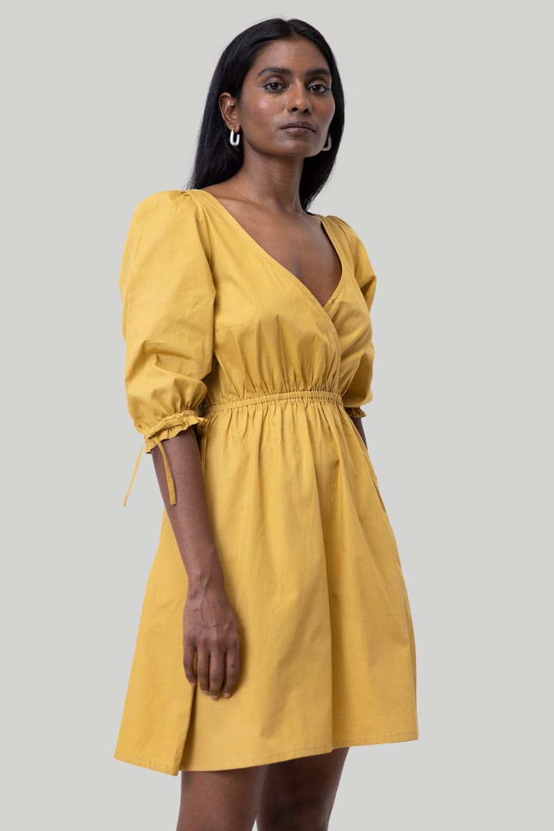 Gathered Elbow Sleeve Short Dress - Tuscan Sun