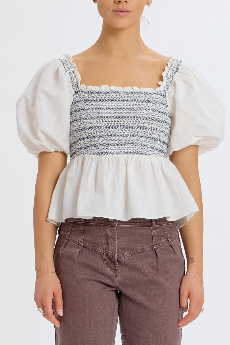 Smocked Puff Shoulder Top - White