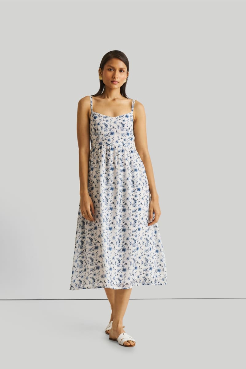 Strappy Gathered Floral Midi Dress - Wisteria Whimsy