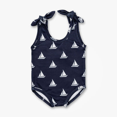 Tie Swimsuit One-Piece - Come Sail Away on Navy