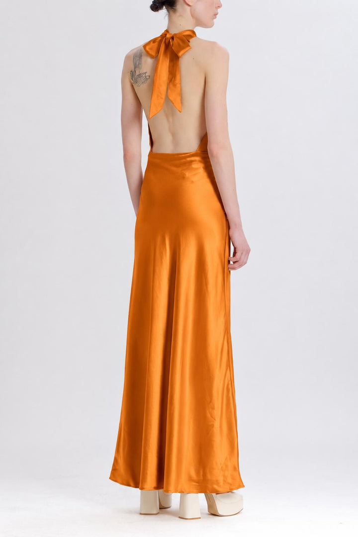 Silky Halter Cutout Gown - Burnt Orange