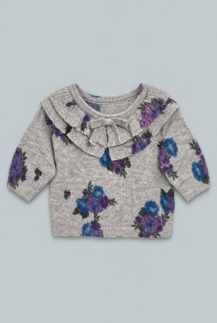 Kids Floral Ruffle Neck Sweater - Gray Blue