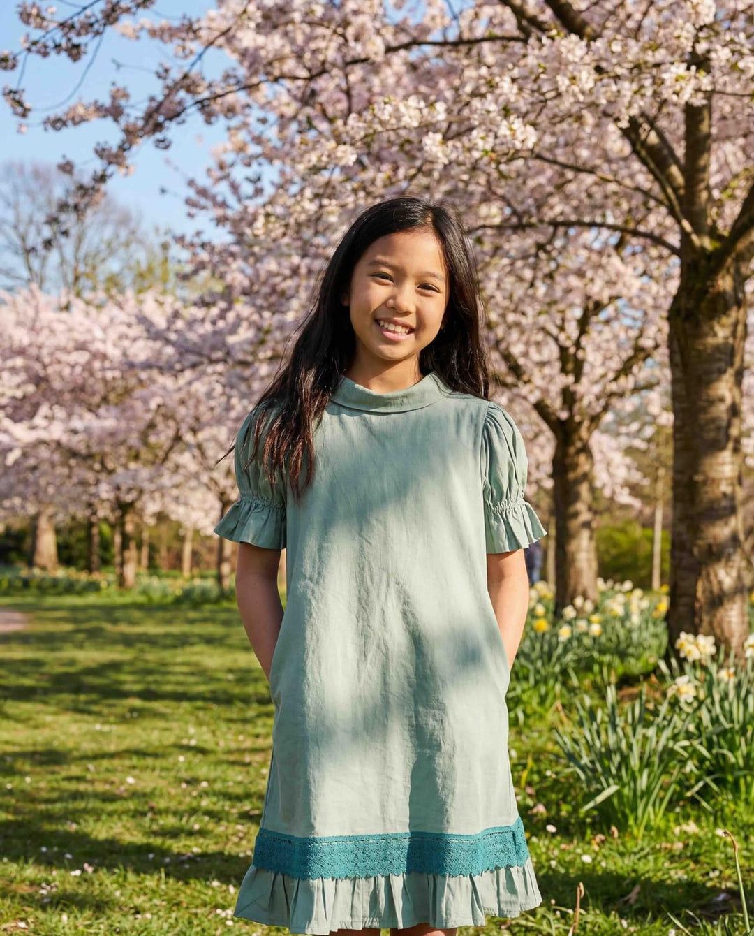 Cotton Woven Girls Dress - Sage Green