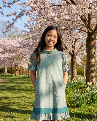 Cotton Woven Girls Dress - Sage Green