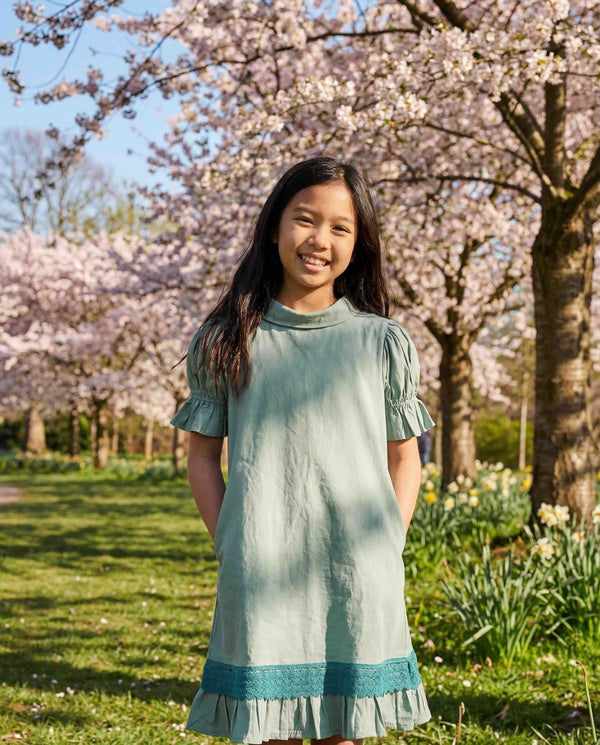 Cotton Woven Girls Dress - Sage Green