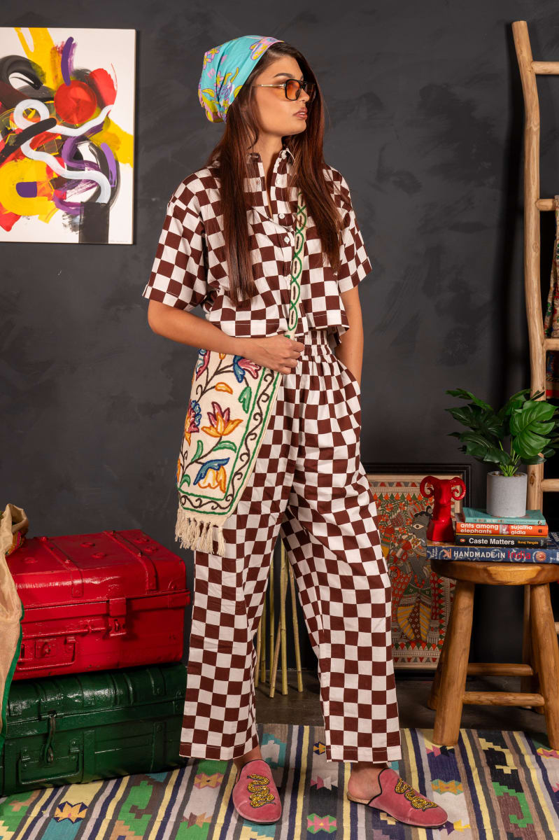 Hand Printed 'Seema' Pants - Chocolate And White Chessboard