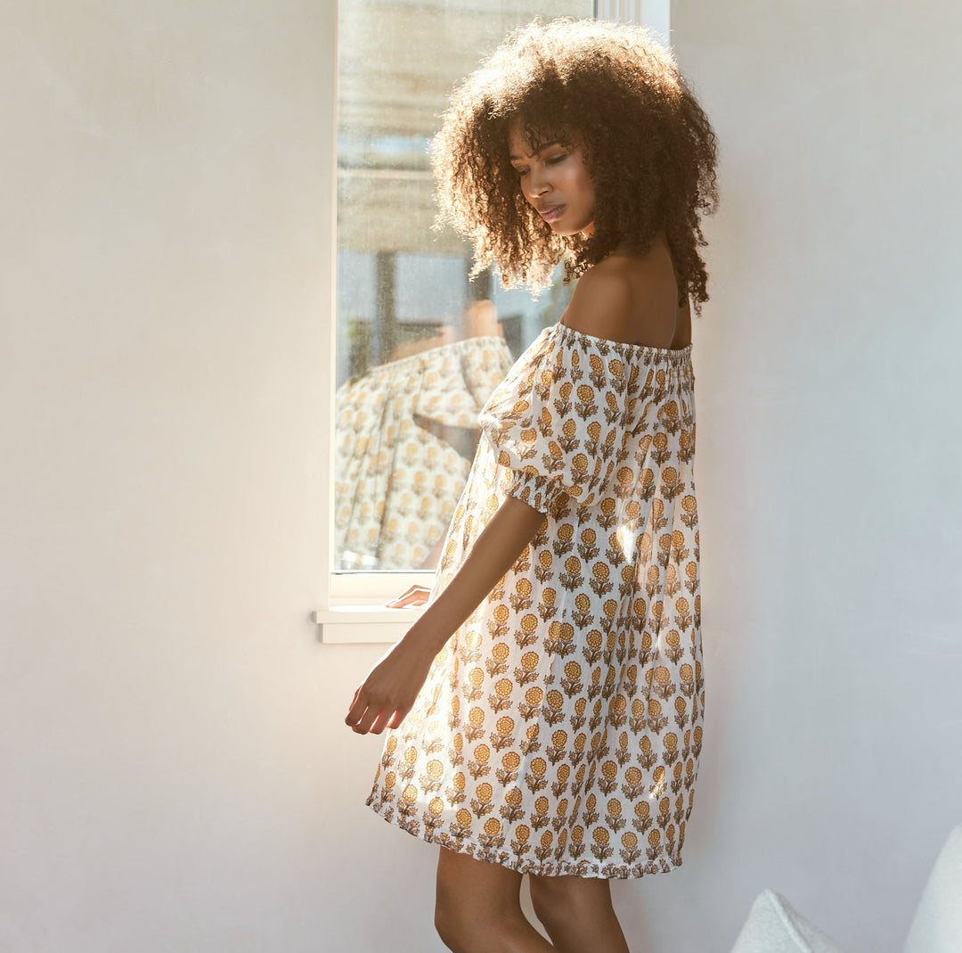 Sydney Puff Sleeve Mini Nightgown - Ochre/Dahlia Floral print