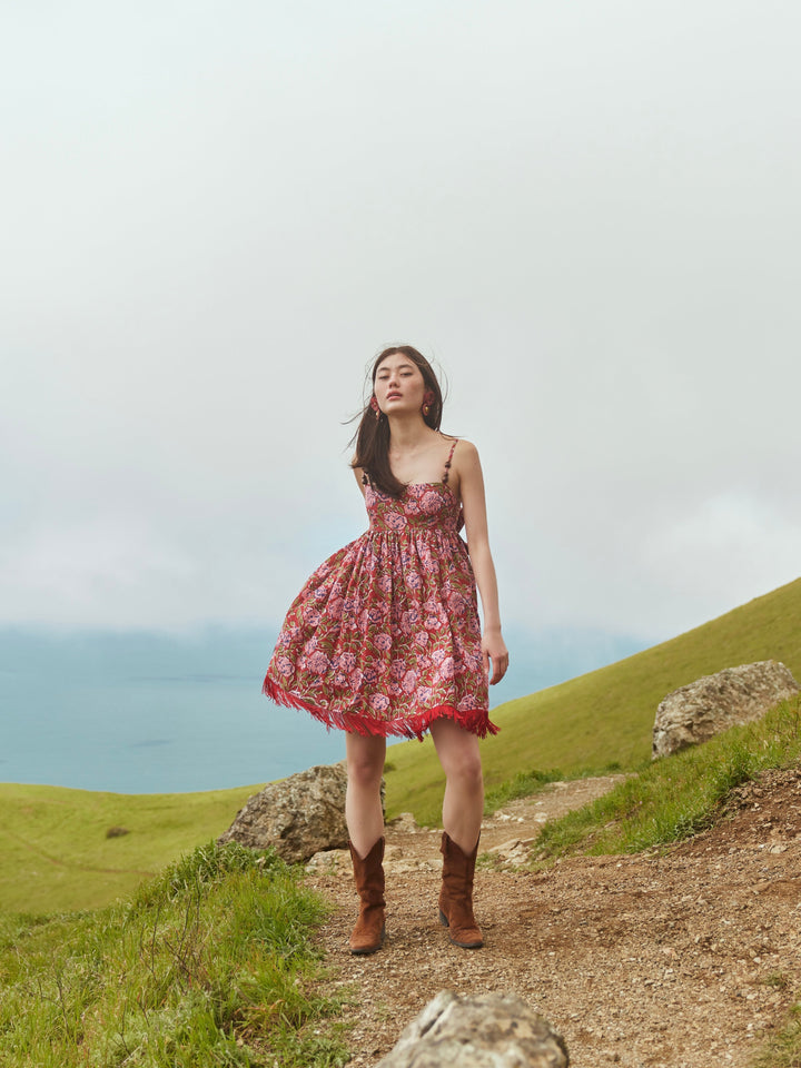 Gavin Fringe Mini Dress - Imperial Red/Blush Floral print