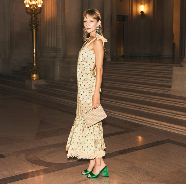 Desirae Embroidered Fringe Midi Dress - Gold with Mini geometric floral embroidery