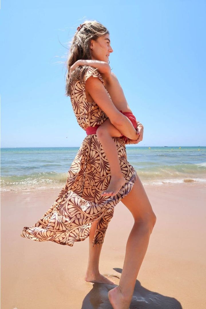 Lindsay Maxi Dress With Belt - Brown Geometric