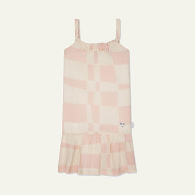 Checkered Linen Kid Dress - Natural/sepia Rose