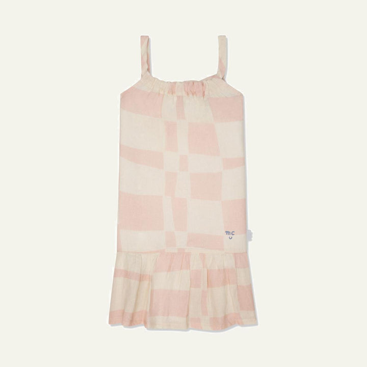 Checkered Linen Kid Dress - Natural/sepia Rose