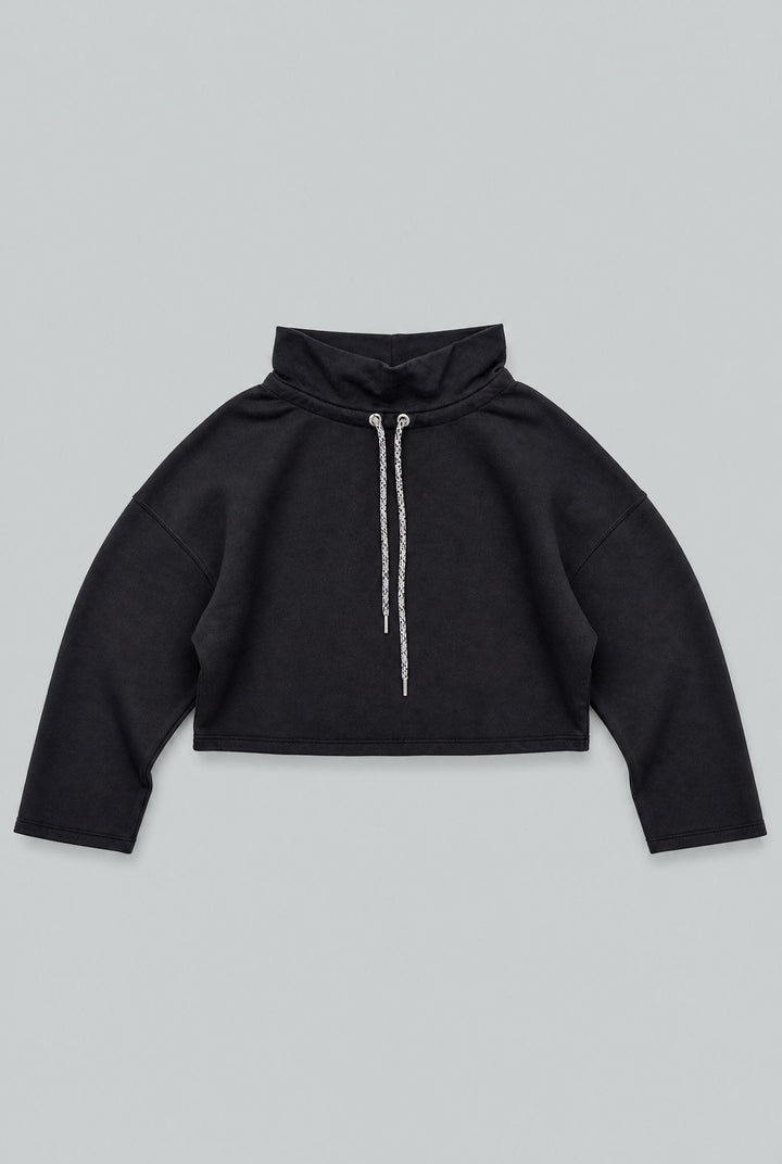 Funnel Neck Sweatshirt With Drawstring - Black