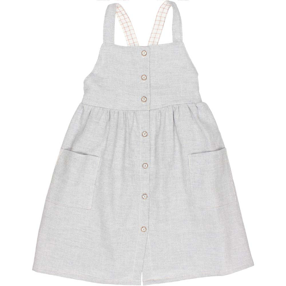Button Front X-Back Linen Twill Dungaree Dress with Pockets - Jeans Denim