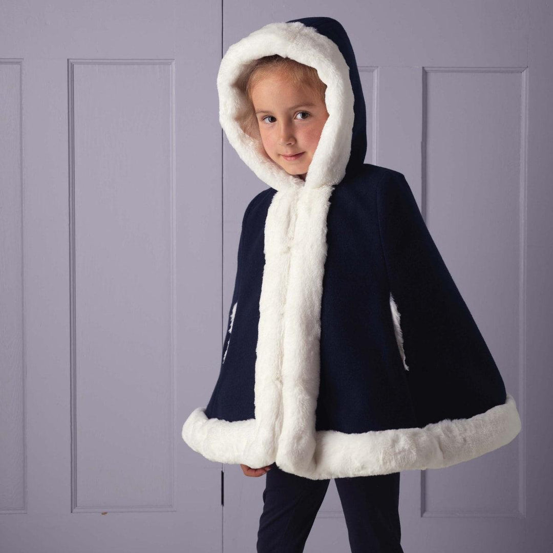 Faux Fur Trim Cape - Navy