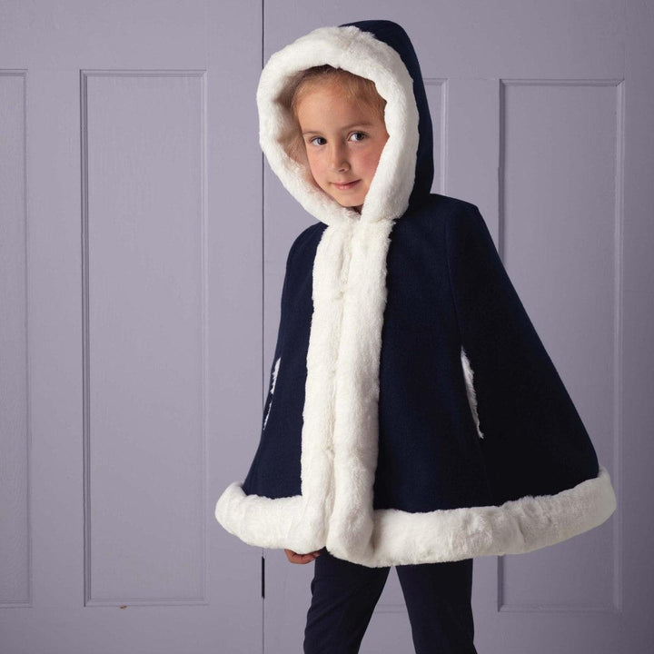 Faux Fur Trim Cape - Navy
