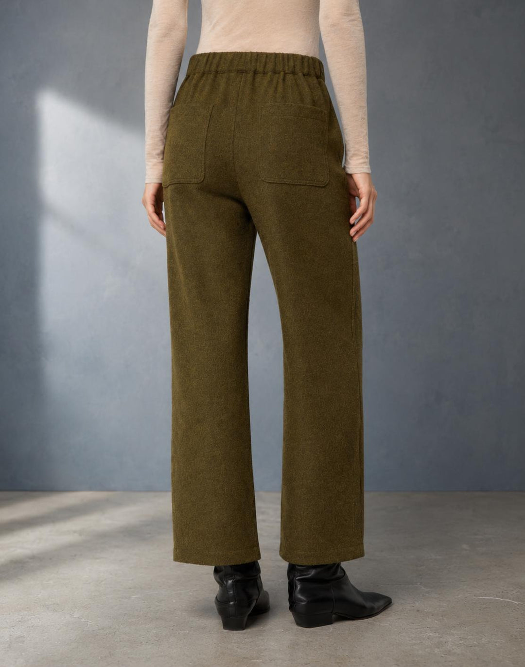 Wool-Cashmere Double Face Jersey Downing Barrel Leg Ankle Pant - Forage Green Melange
