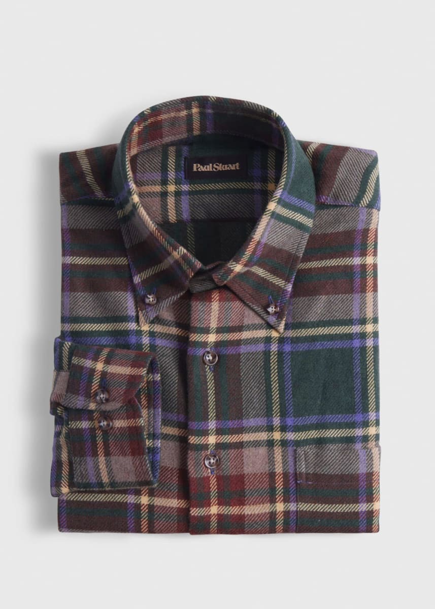 Flannel Plaid Sport Shirt - Olive/Brown
