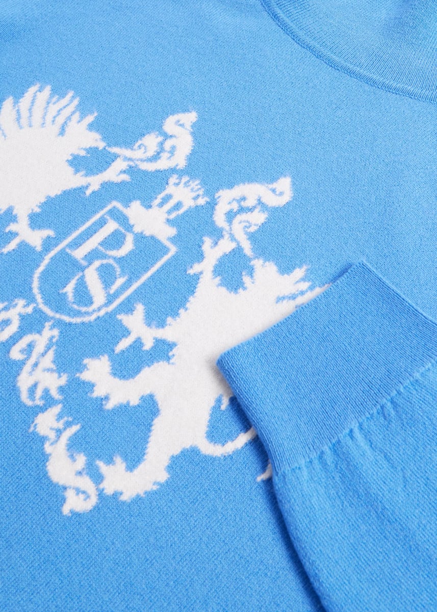 Blue Intarsia Cashmere Crest Turtleneck Pullover - Light Blue