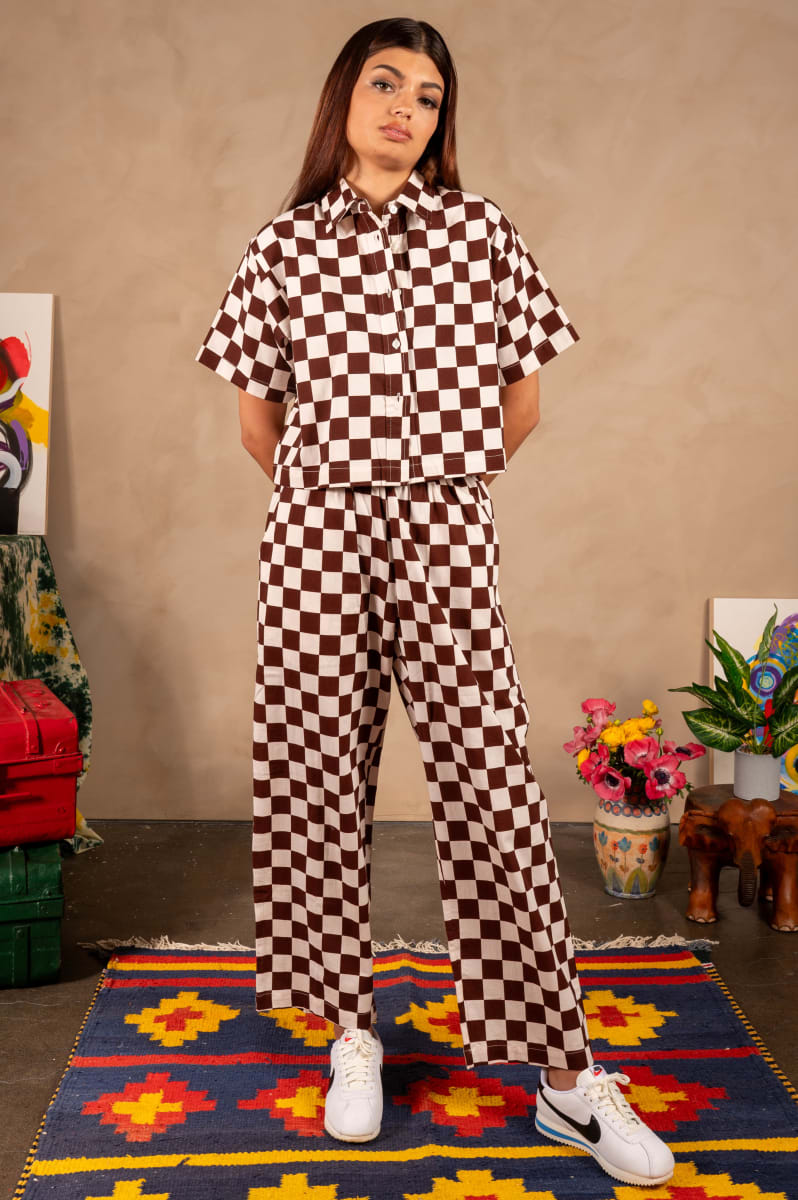 Hand Printed 'Seema' Pants - Chocolate And White Chessboard