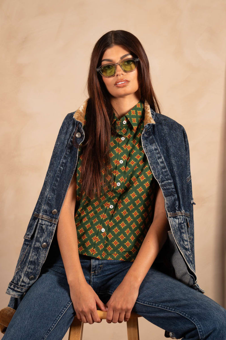 'The Michelle' Hand Printed Short Sleeve Shirt - Green And Gold Motif Print